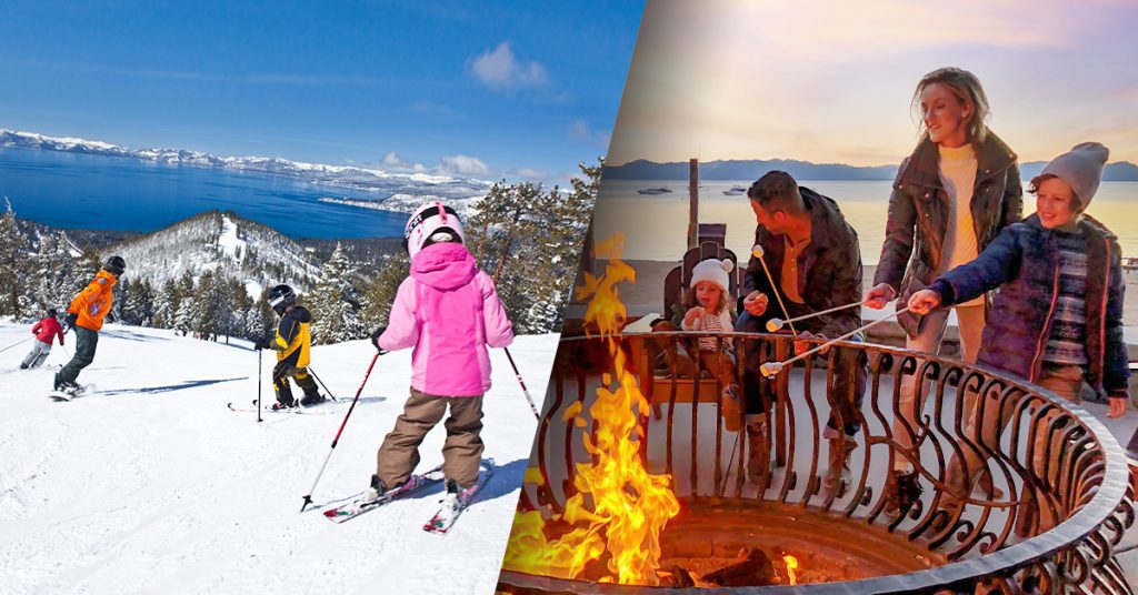 Spliced image of a family roasting marshmellows and another of a family skiing down a mountain