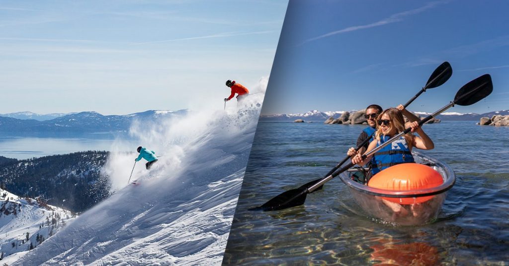 Couple kayaking and another image of people skiing in Lake Tahoe