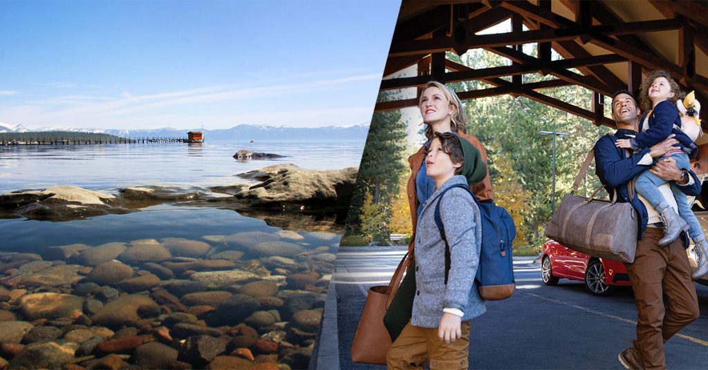 Calm waters of Lake Tahoe spliced with an image of a family arriving at a lodge