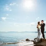 Couple on their wedding day on the shores of Lake Tahoe
