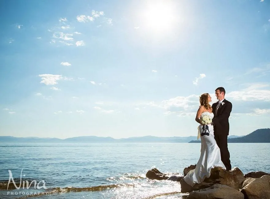 Couple on their wedding day on the shores of Lake Tahoe