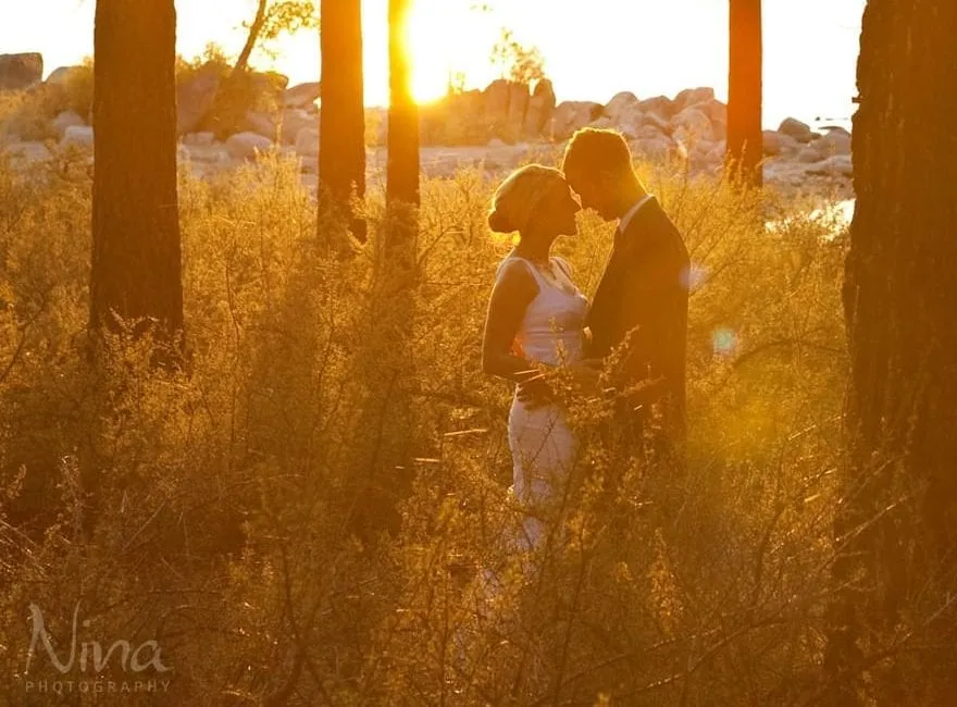Couple embracing at sunset on their wedding day in tall grass