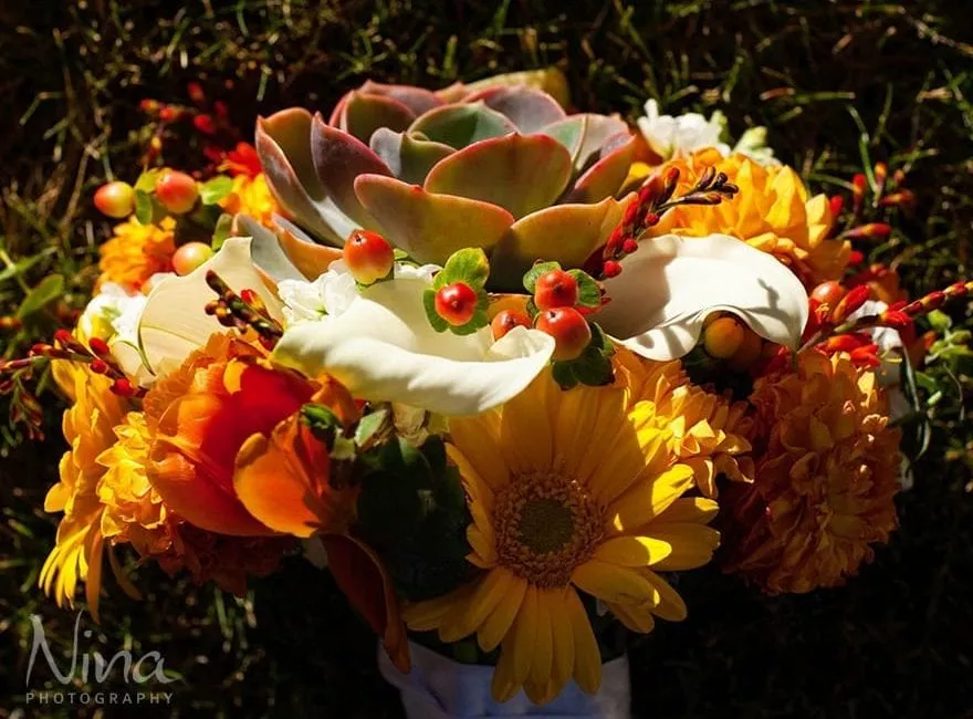 Fall colored bouquet on a wedding day