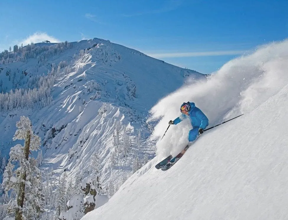 Daron carving in sharp on a steep mountain slope