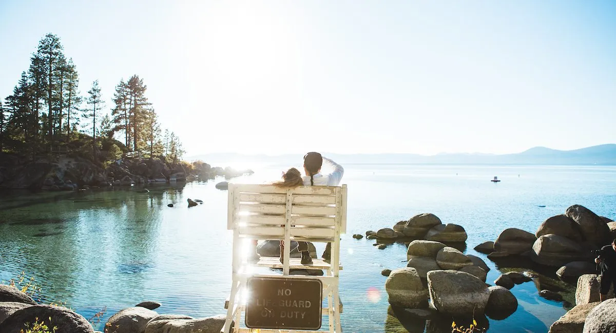 Sitting in lifeguard chair at Sand Harbor overlooking Lake Tahoe