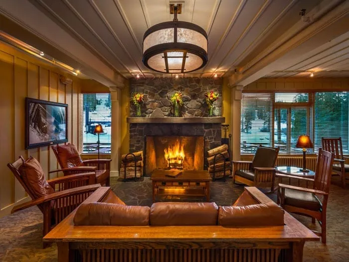 Inside the lobby at the Sugar Bowl Lodge in Lake Tahoe