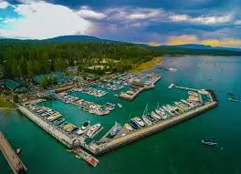 Aerial shot of the harbor where boats are docked.
