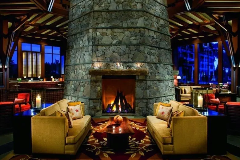 The Ritz-Carlton, Lake Tahoe lobby with fire place.