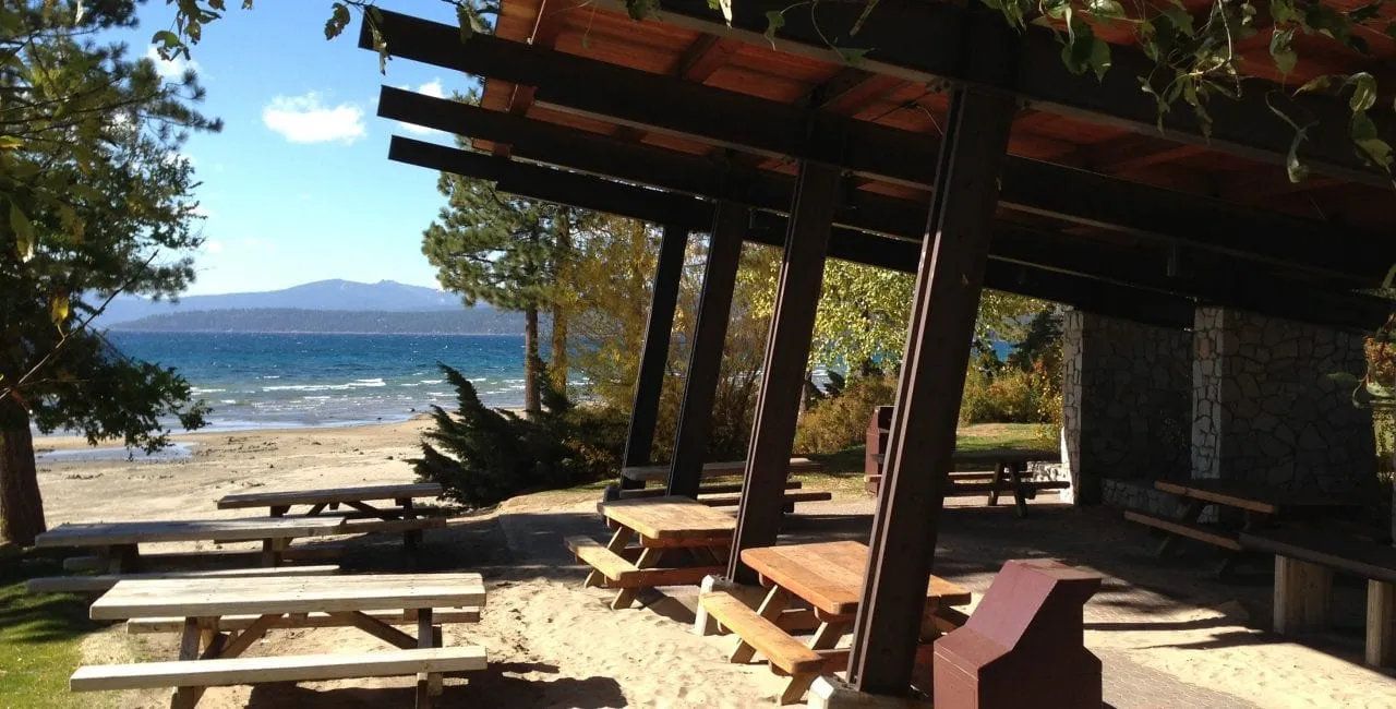 Barbecue tables on the shores at Lake Tahoe
