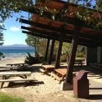 Barbecue tables on the shores at Lake Tahoe