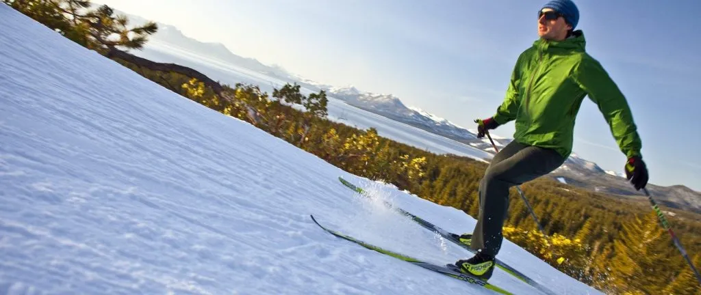 Man cross country skiing in Lake tahoe