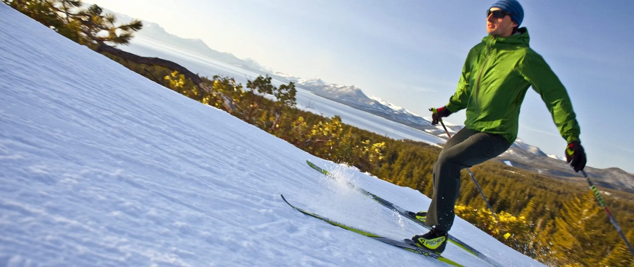 Man cross country skiing in Lake tahoe