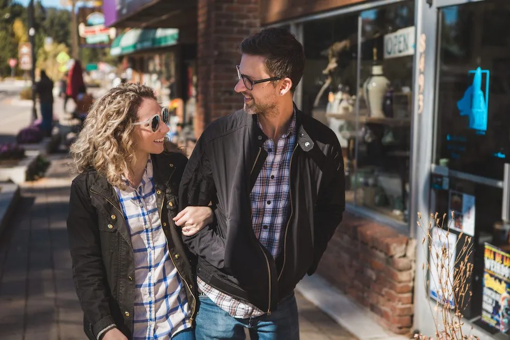 Couple walking through town in Lake Tahoe