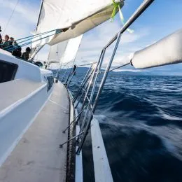 Closeup sideview of charter sailboat sailing in Lake Tahoe