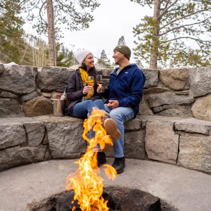Couple by the campfire in Lake Tahoe