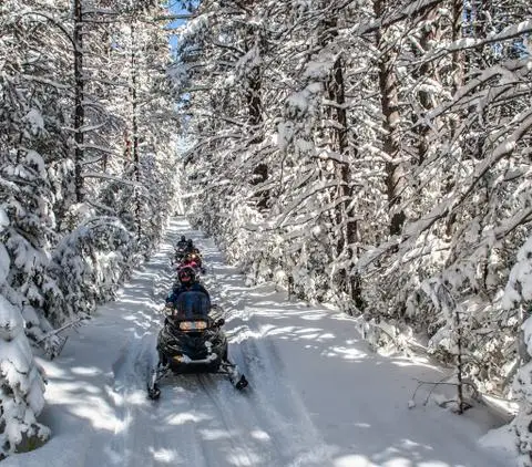 Snowmobiling on a snowy trail in Lake Tahoe