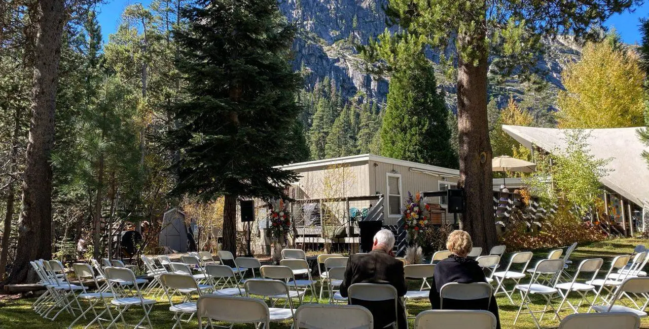 Seating area set up outside of the Chapel