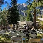 Seating area set up outside of the Chapel