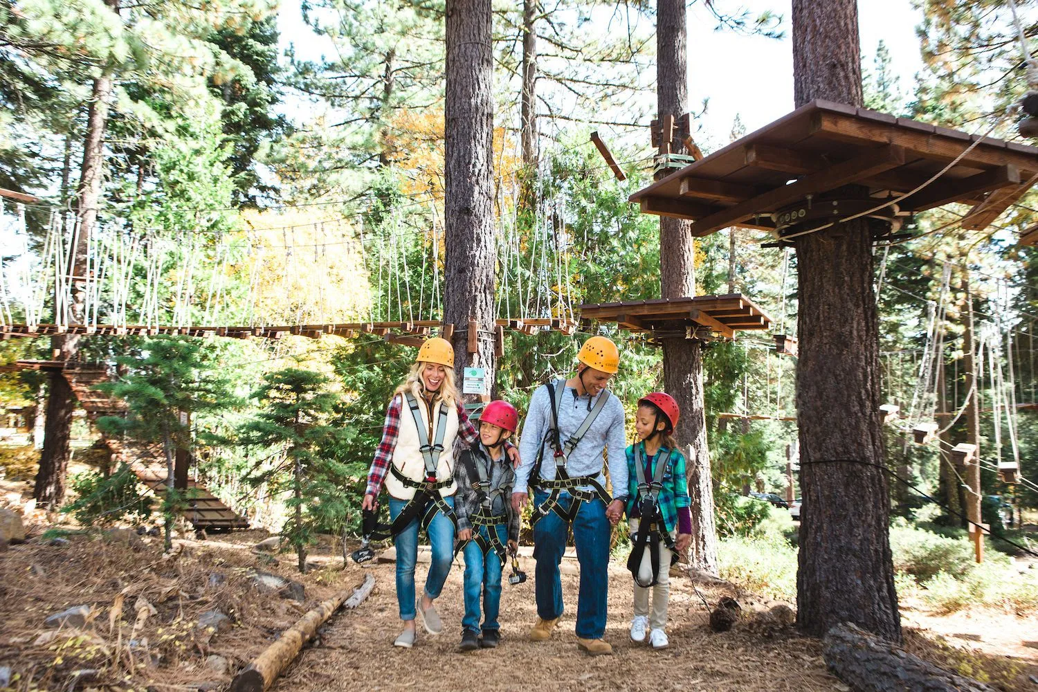Family walking in the forest ready to enjoy the ziplines