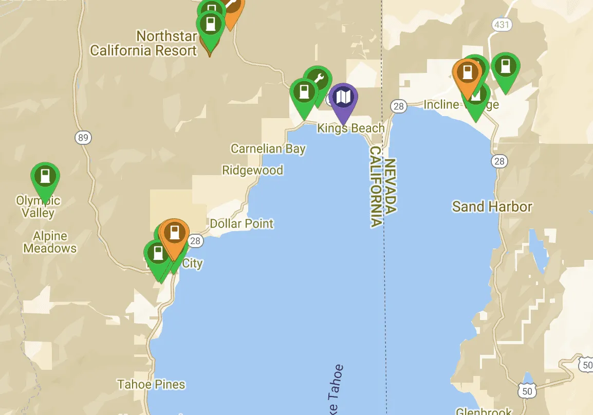 Map of EV stations in and around Lake Tahoe