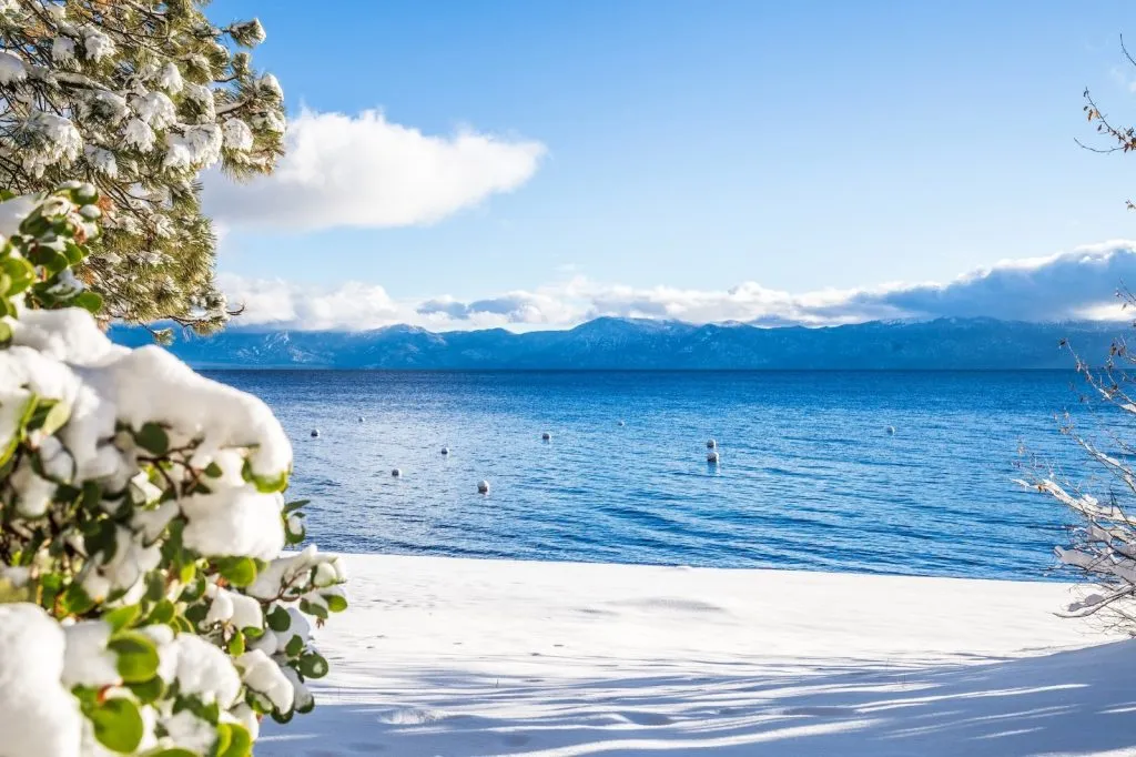 Smooth snowy shore of Lake Tahoe 