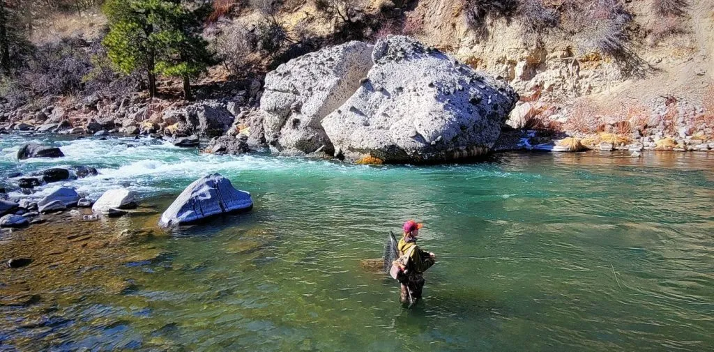 Fly fishing in stream near Lake Tahoe