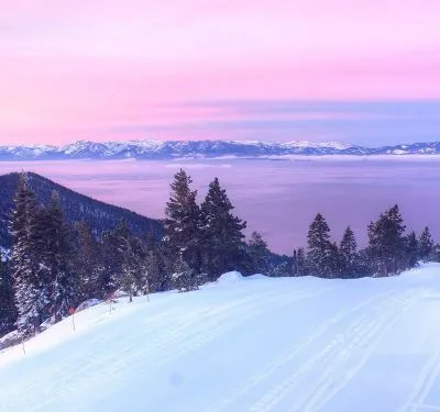 Lake Tahoe winter vista at sunset