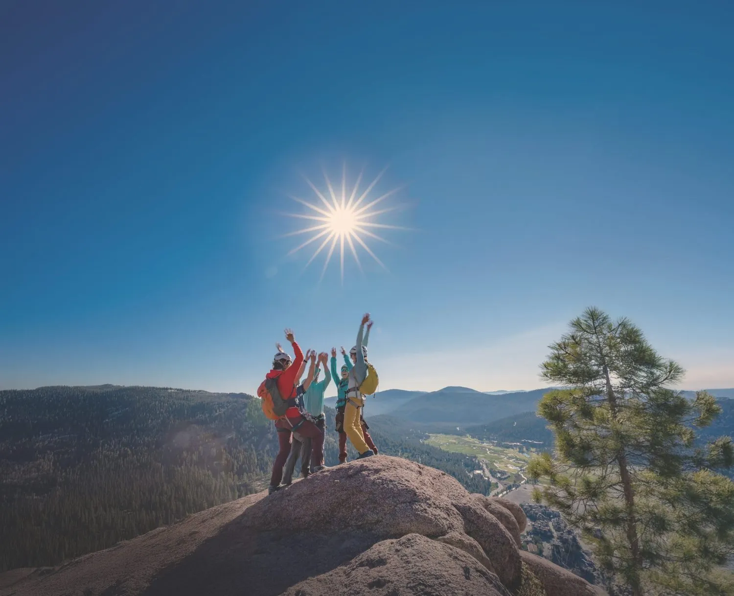 Group on a hike high-fiving