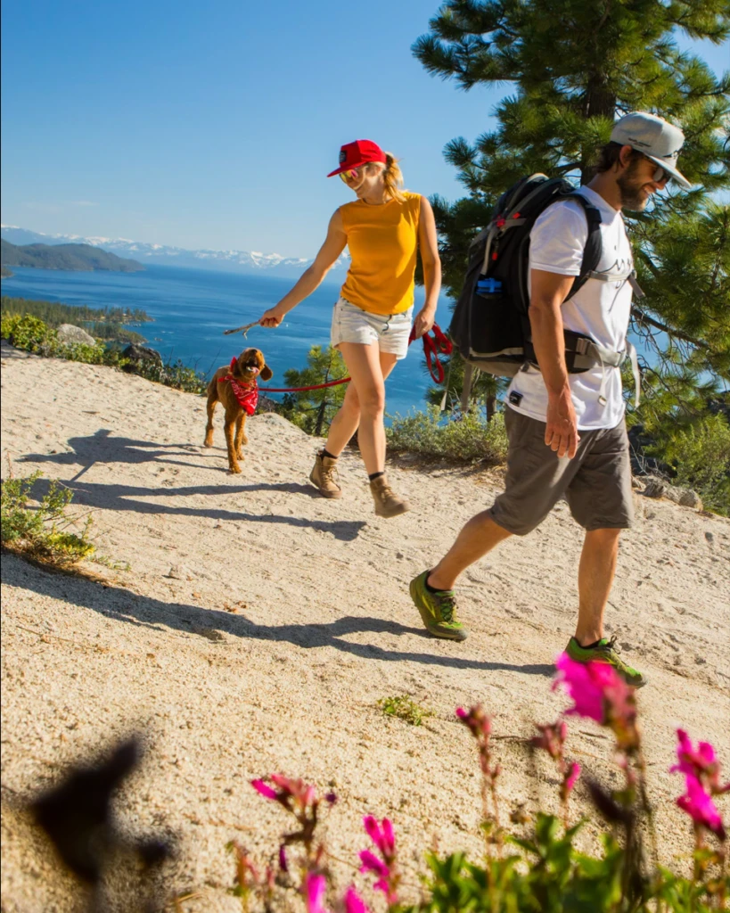 Couple hiking on a trail during Spring in Lake Tahoe