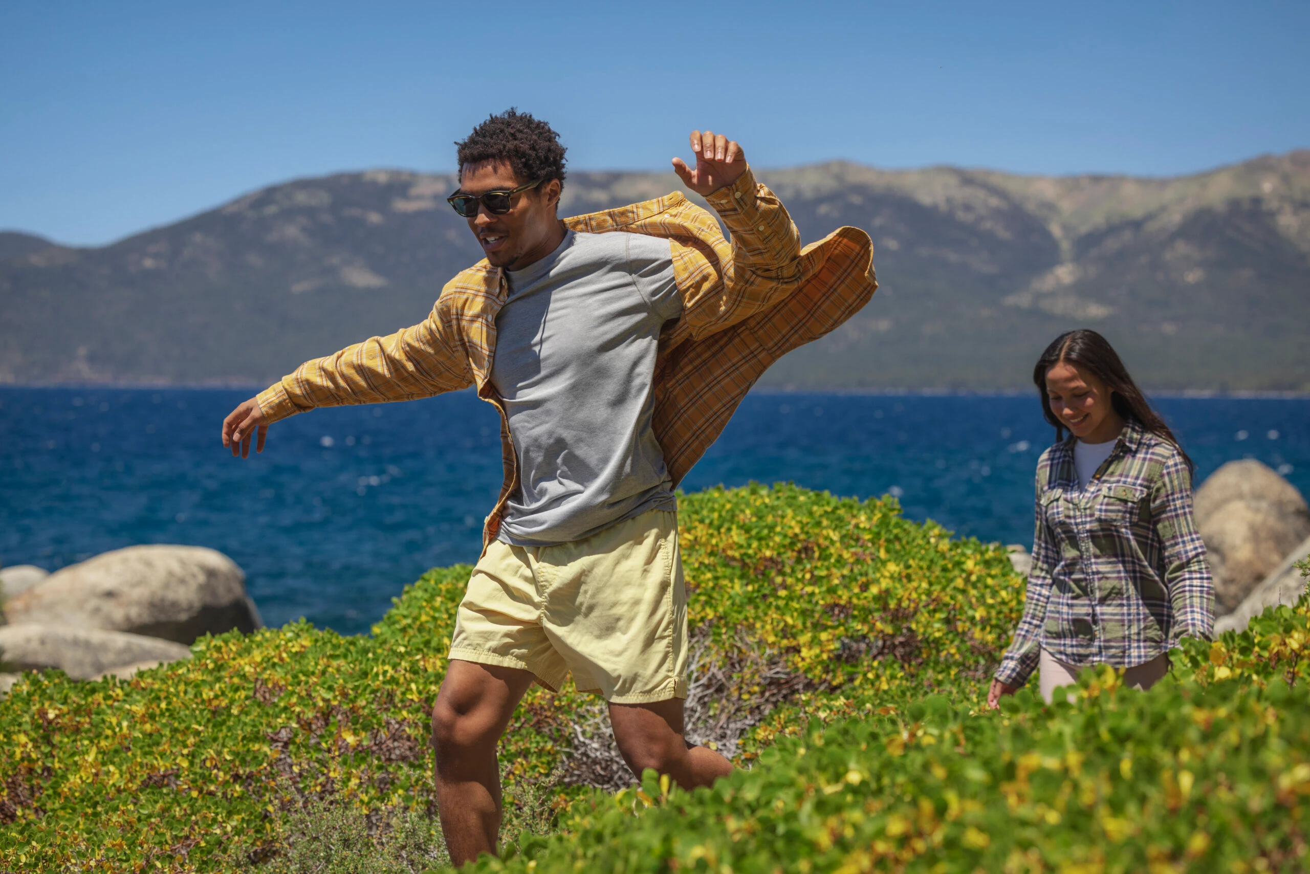 Couple running in the on the trails in Lake Tahoe